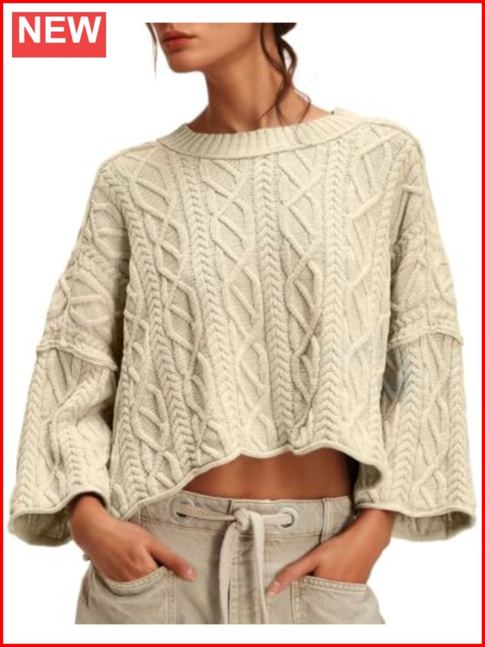 Womens Cable Knit Cropped Sweater Oversized Long Sleeve Crew Neck Pullover